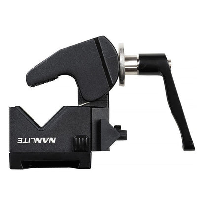 Close-up detail of the black articulating clamp mechanism with dual grip pads.