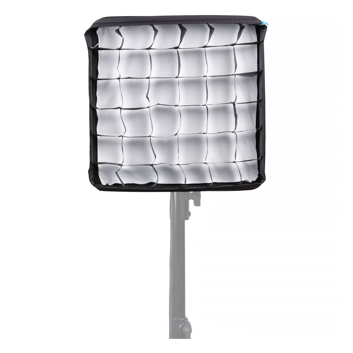 Square LED panel with white diffusion fabric and black grid frame mounted on stand, viewed directly from front.