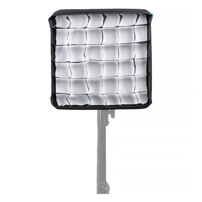 Square LED panel with white diffusion fabric and black grid frame mounted on stand, viewed directly from front.