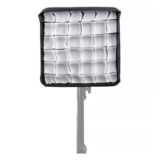 Square LED panel with white diffusion fabric and black grid frame mounted on stand, viewed directly from front.