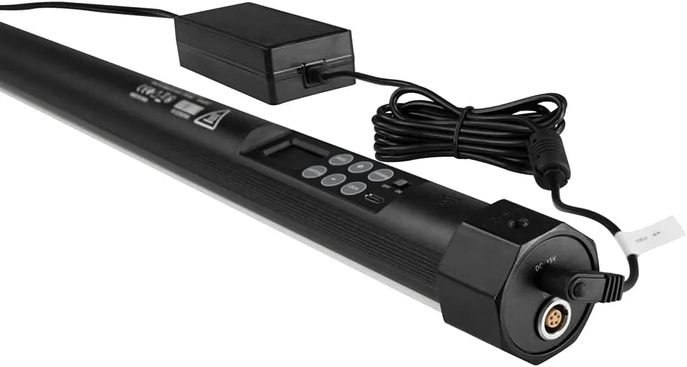 Nanlite PavoTube II 30X LED tube connected to AC adapter for on-set lighting