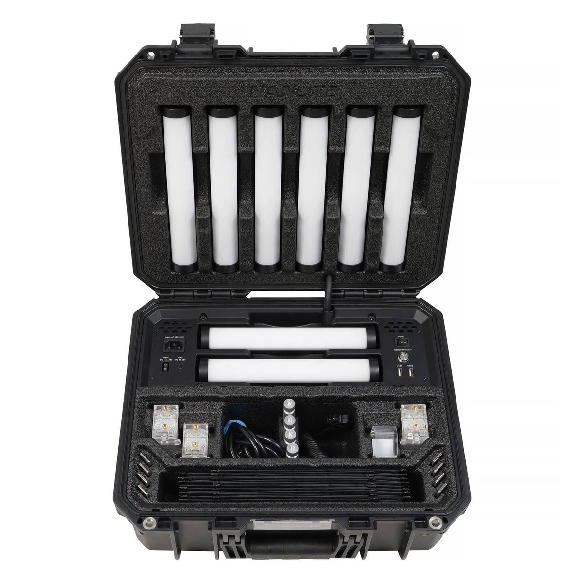 Hard case interior open from above showing 6 tubes nested in foam cutout slots on lid, 2 additional tubes visible below, along with organized accessories in foam.