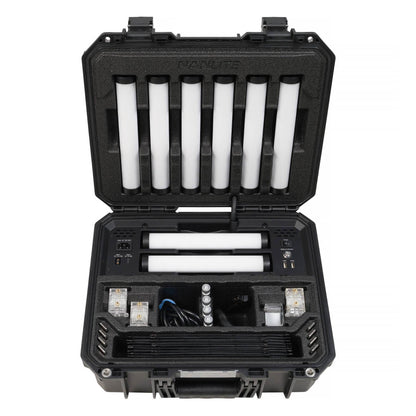 Hard case interior open from above showing 6 tubes nested in foam cutout slots on lid, 2 additional tubes visible below, along with organized accessories in foam.