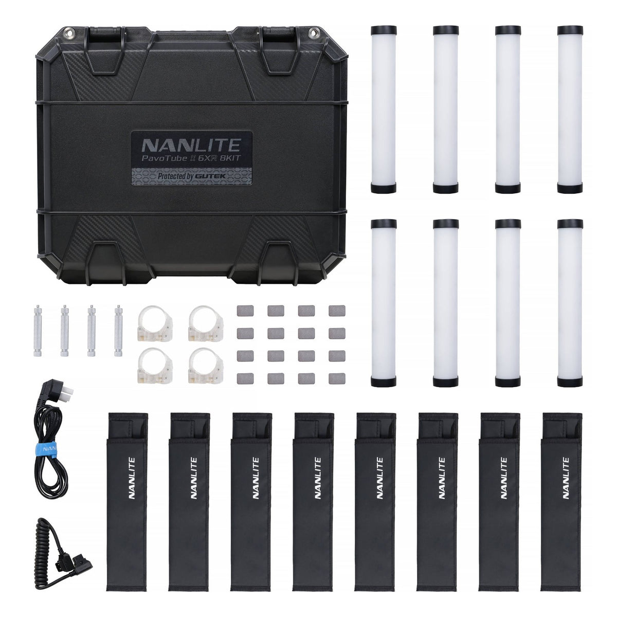 Hard case displaying 8 white PavoTube II 6XR lights, 8 batteries, junction clamps, mounting brackets, power cable, and coiled sync cord arranged on a flat pack display.
