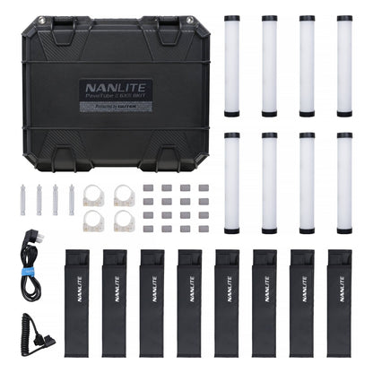 Hard case displaying 8 white PavoTube II 6XR lights, 8 batteries, junction clamps, mounting brackets, power cable, and coiled sync cord arranged on a flat pack display.
