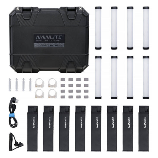 Hard case displaying 8 white PavoTube II 6XR lights, 8 batteries, junction clamps, mounting brackets, power cable, and coiled sync cord arranged on a flat pack display.