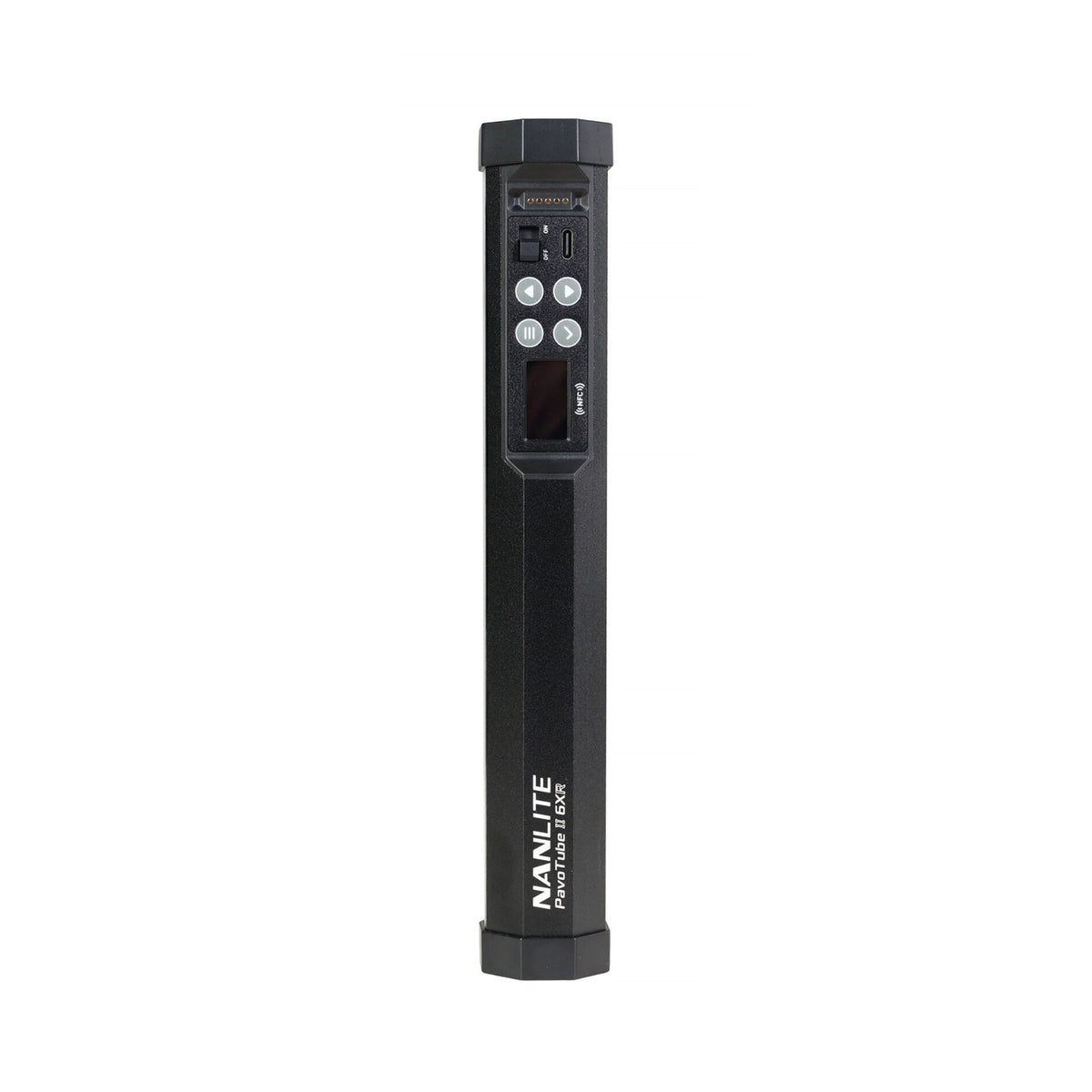 PavoTube II 6XR displayed horizontally with control module attached, showing buttons, LCD display, and power connections from slightly different perspective.