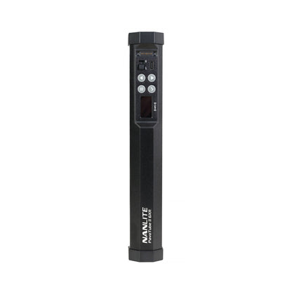 PavoTube II 6XR displayed horizontally with control module attached, showing buttons, LCD display, and power connections from slightly different perspective.
