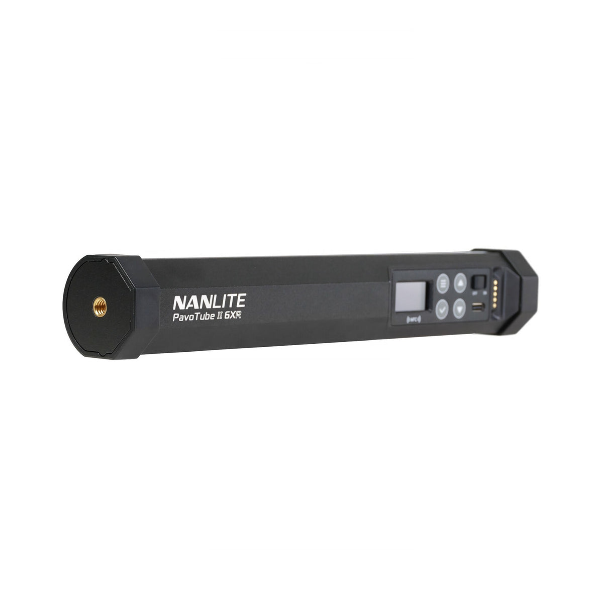 Horizontal angle emphasizing the control end and connector port (gold thread visible), with Nanlite PavoTube II 6XR text and control interface visible on the black module.