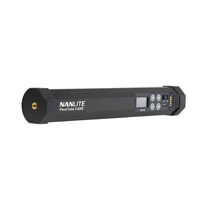 Horizontal angle emphasizing the control end and connector port (gold thread visible), with Nanlite PavoTube II 6XR text and control interface visible on the black module.