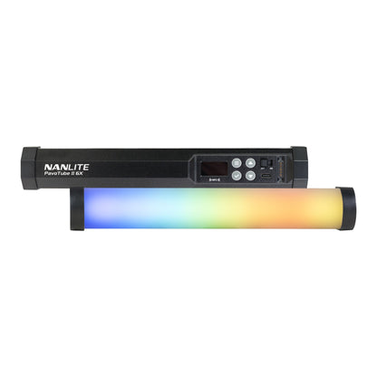 Horizontal view with light output active, showing full RGB color spectrum gradient from blue through cyan, green, yellow to warm orange across the illuminated tube length.