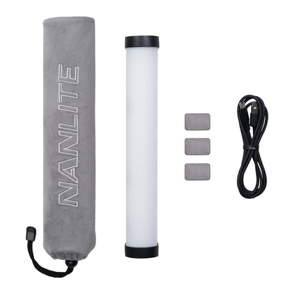 Complete package contents displayed: gray Nanlite carrying case, white tube, three gray magnets, and black coiled cable, all arranged flat.