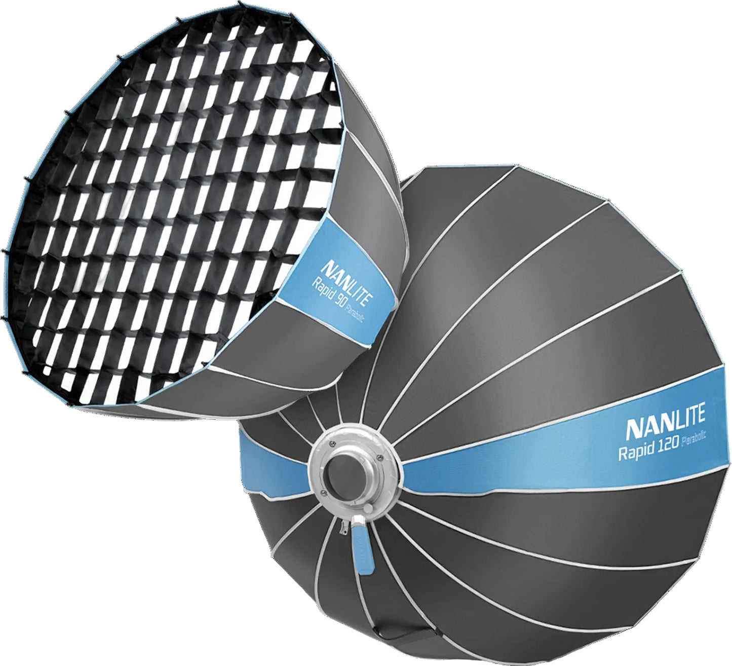 Nanlite Rapid 120 and Rapid 90 parabolic softbox combo with honeycomb grid for controlled cinematic lighting