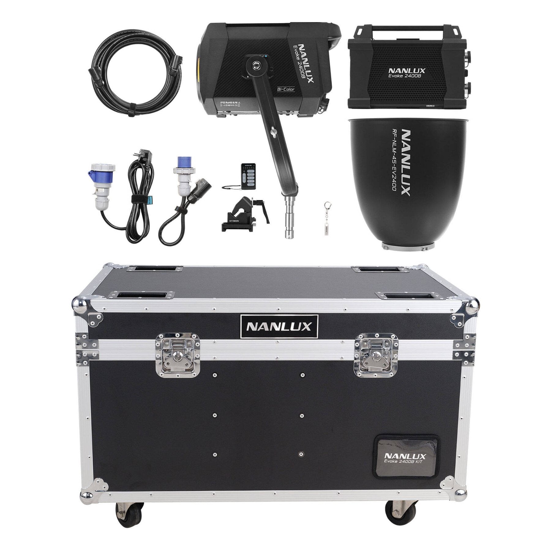 Complete NANLUX Evoke 2400B kit contents arranged flat in flight case: control unit, light head, 45° reflector, stand, cables, remote, carrying bags, and all accessories.