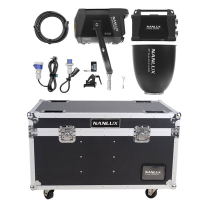 Complete NANLUX Evoke 2400B kit contents arranged flat in flight case: control unit, light head, 45° reflector, stand, cables, remote, carrying bags, and all accessories.