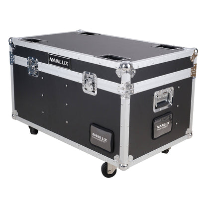 NANLUX Evoke 2400B flight case closed, viewed from above at three-quarter angle showing silver aluminum frame, black panels, handles, and wheeled base.