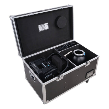 Flight case opened flat showing interior compartments with the Evoke 2400B light, control unit, cables, reflector, and foam padding layout.