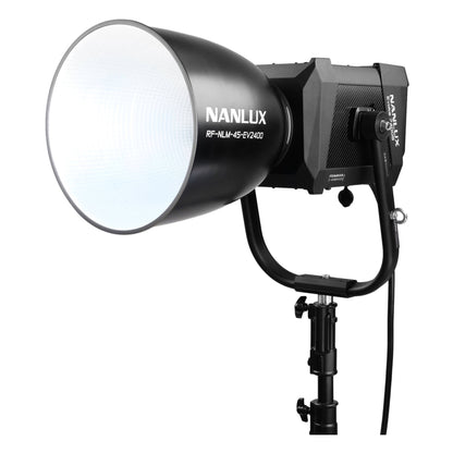 NANLUX Evoke 2400B with large parabolic 45° reflector mounted on stand, viewed from the side showing reflector diameter and light housing profile.