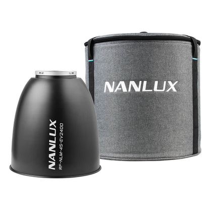 NANLUX Evoke 2400B control unit photographed from rear-right angle revealing output connectors and control interface on the side panel.