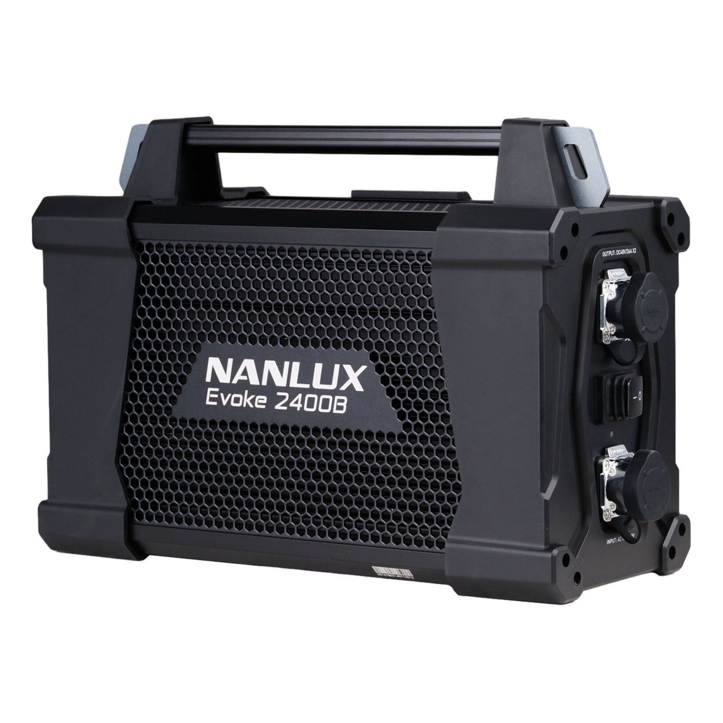 NANLUX Evoke 2400B control unit viewed from the right side showing handle, connector panel, and mesh cooling grille.