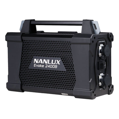 NANLUX Evoke 2400B control unit viewed from the right side showing handle, connector panel, and mesh cooling grille.