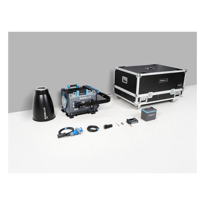 Complete NANLUX Evoke 5000B-KIT displayed on white surface showing the gray light head with blue accents, conical reflector, flight case with latches, remote controller, cables, and small accessories arranged left to right.