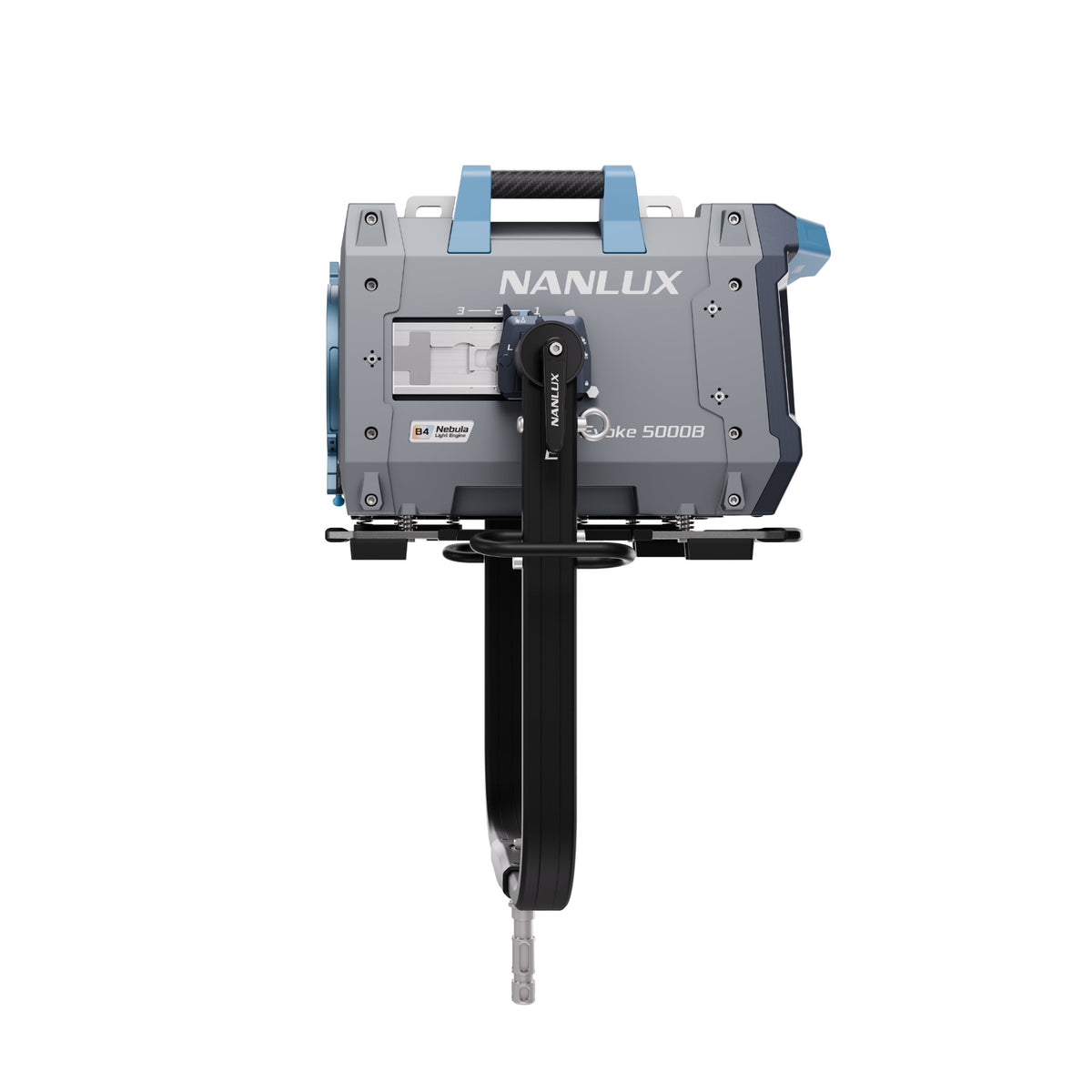 NANLUX Evoke 5000B mounted on a black stand pole, photographed from directly in front, showing the blue carry handles and control interface area on the front body.