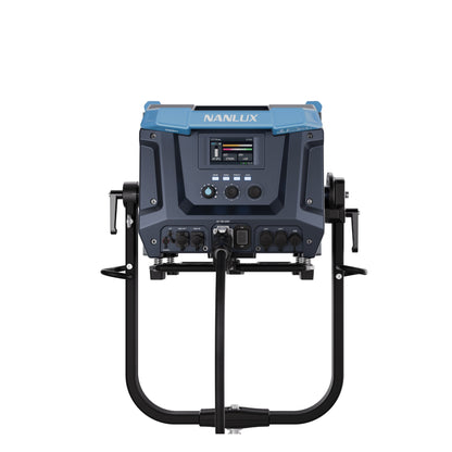 NANLUX Evoke 5000B mounted on stand, photographed from the rear showing the full control panel with display screen, buttons, and connectors on the back of the fixture.