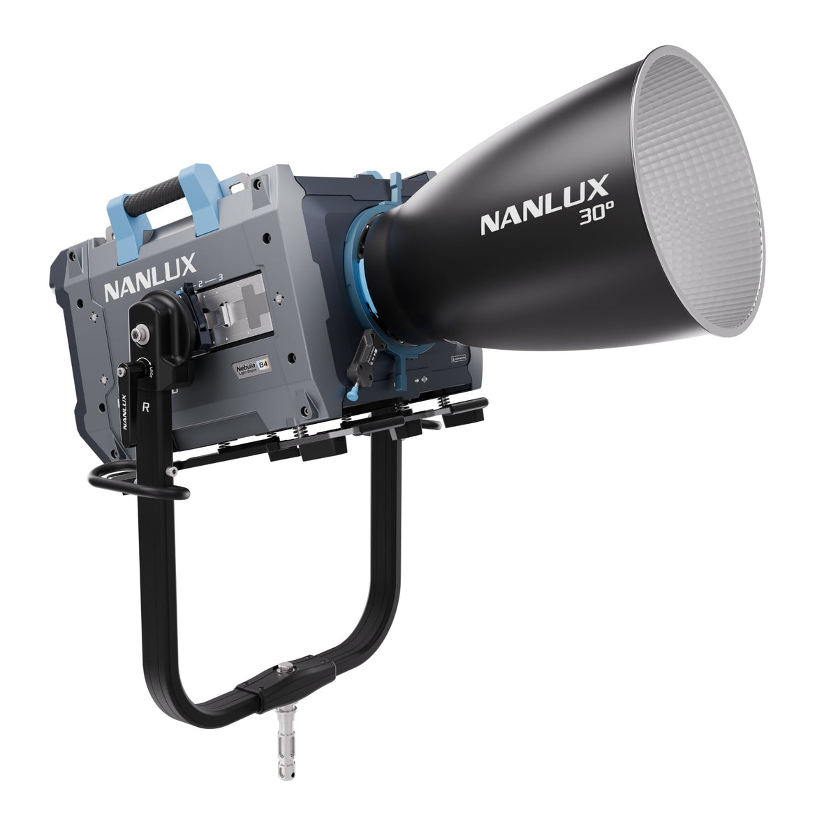 NANLUX Evoke 5000B mounted on stand with the NANLUX 30° lens attachment installed, showing the focused narrow beam lens mounted on the front of the head.