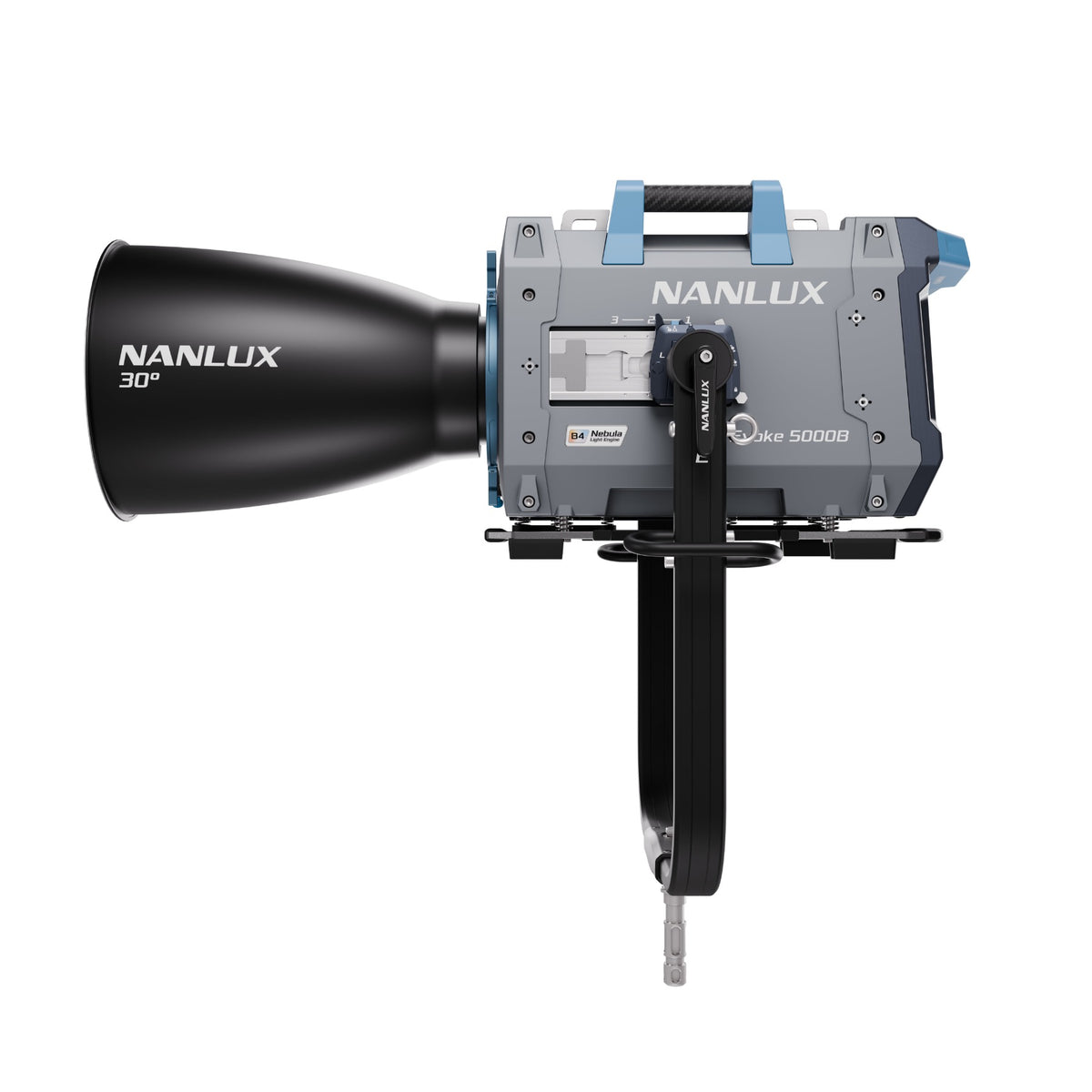 NANLUX Evoke 5000B with 30° lens attachment shown in side profile mounted on stand, emphasizing the depth and cylindrical barrel of the lens element.