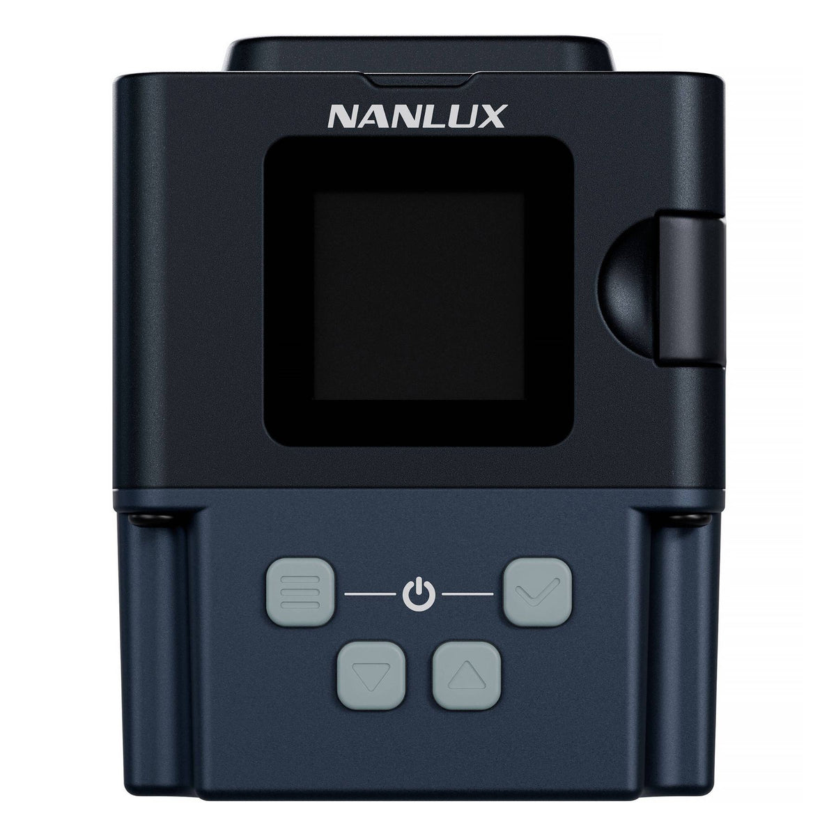 Nanlux wireless controller rear view showing backlit LCD screen, power button, and four soft-touch control buttons arranged in a cross layout.