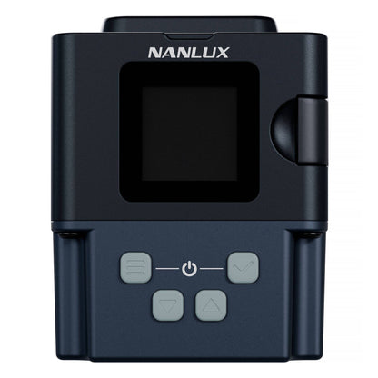 Nanlux wireless controller rear view showing backlit LCD screen, power button, and four soft-touch control buttons arranged in a cross layout.