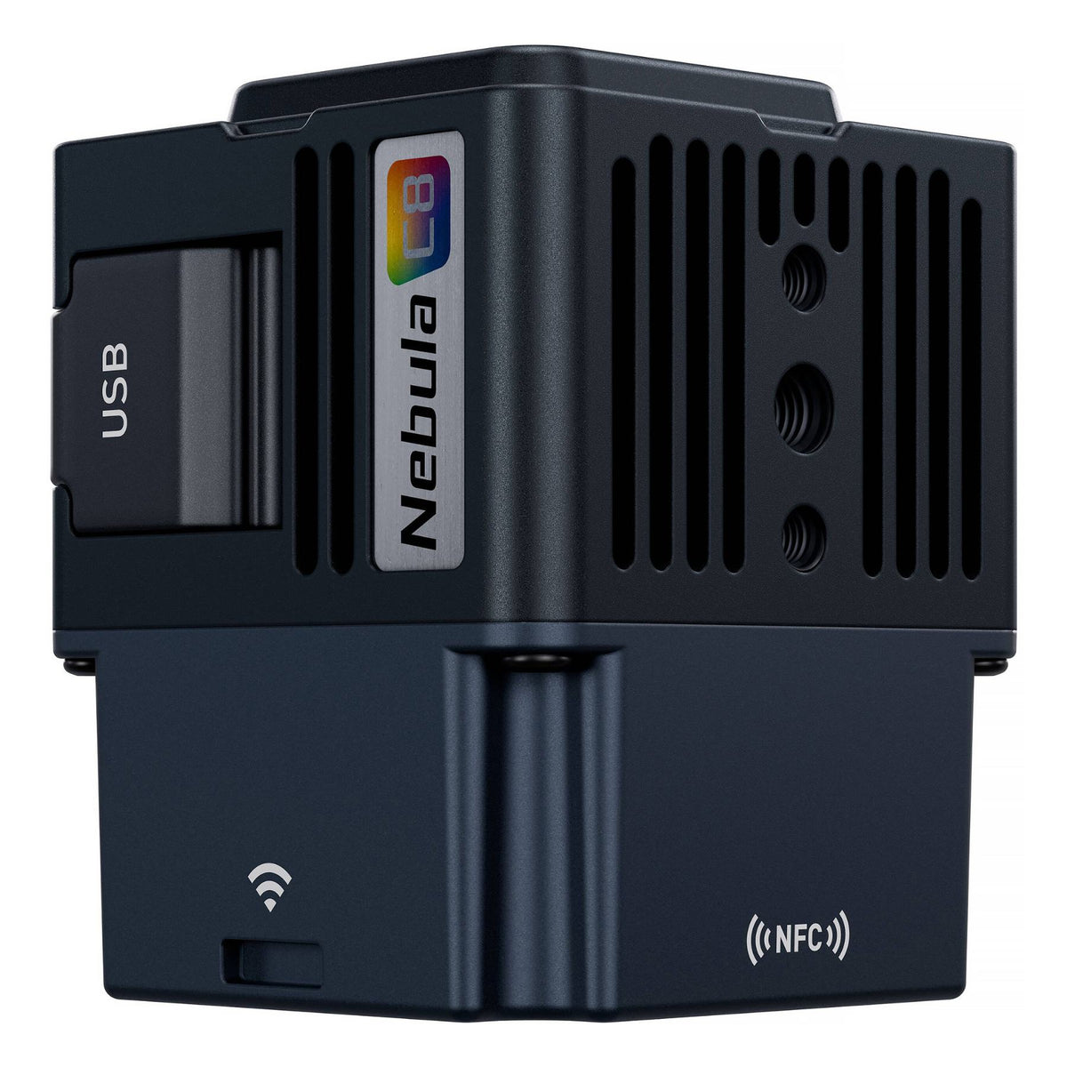 Controller angled isometric view revealing USB port, Nebula logo, heat-fin design, and dual wireless protocol indicators (WiFi and NFC).