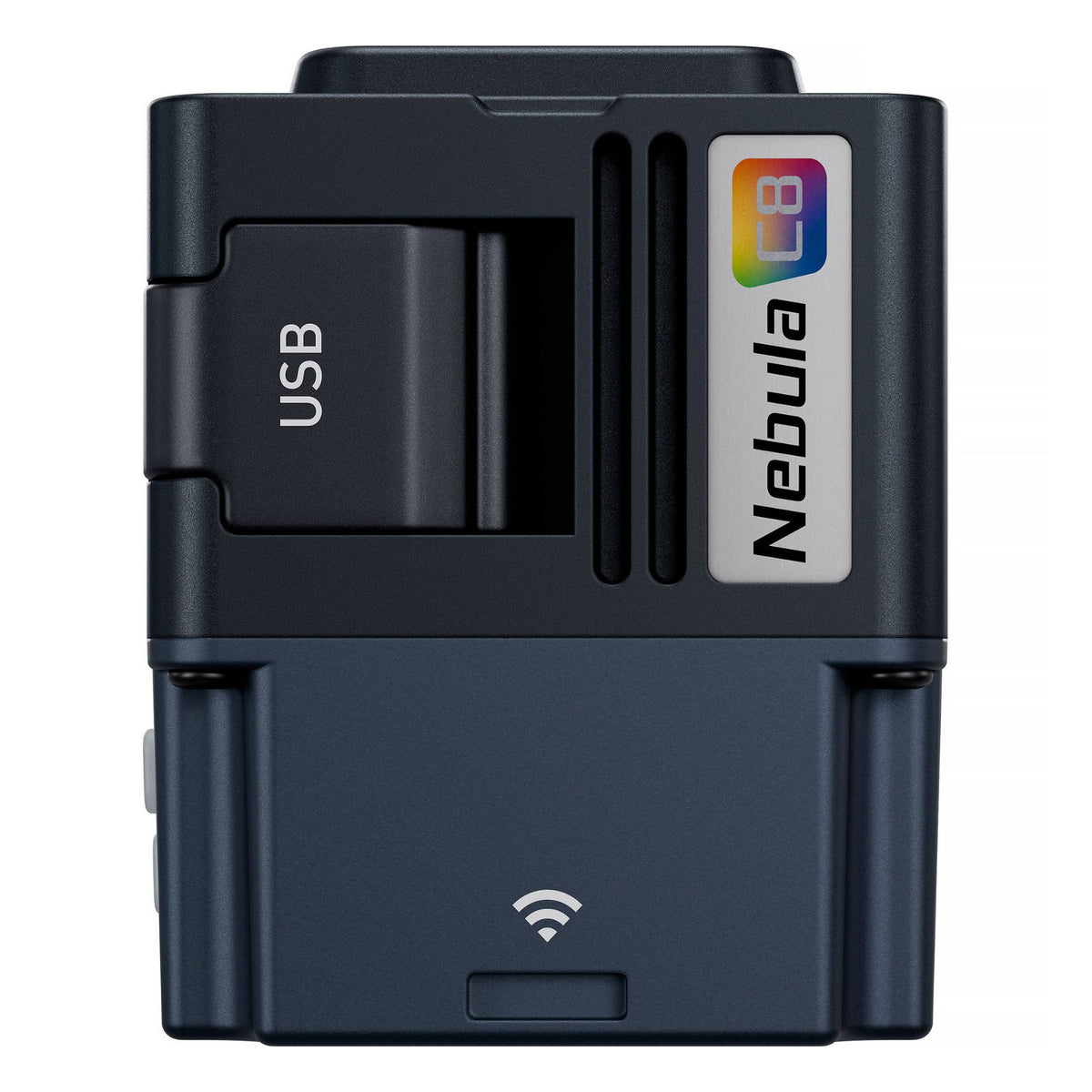 Controller left-facing view displaying USB charging port label, Nebula chip logo, NFC symbol, and WiFi icon positioned on lower body.