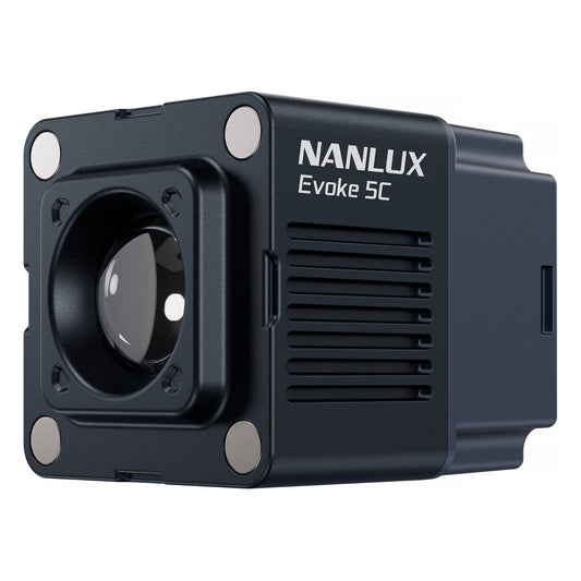 Nanlux Evoke 5C RGB spotlight head shown in three-quarter angle with dome lens, magnetic fitting points visible, and product name clearly displayed on the right side.