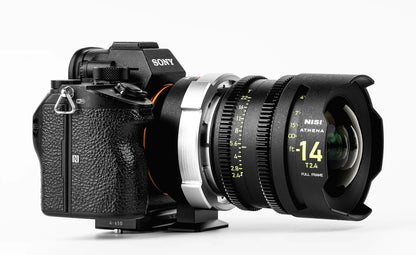NiSi Athena PL Mount Adapter mounted between an Athena cinema lens and Sony camera body