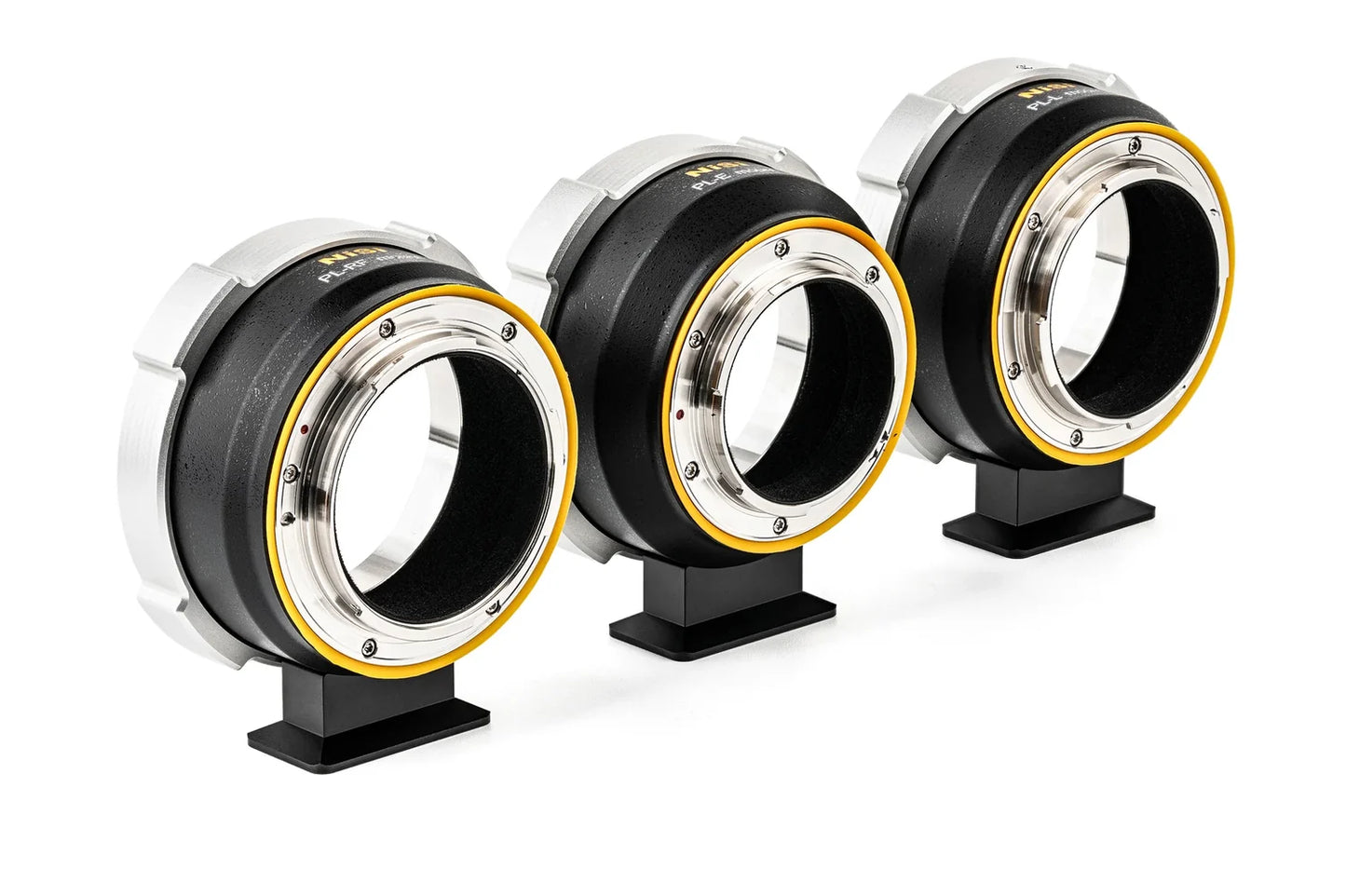 Angled view of NiSi Athena PL Mount Adapter variants for PL-E, PL-RF and PL-L camera mounts
