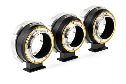 Angled view of NiSi Athena PL Mount Adapter variants for PL-E, PL-RF and PL-L camera mounts