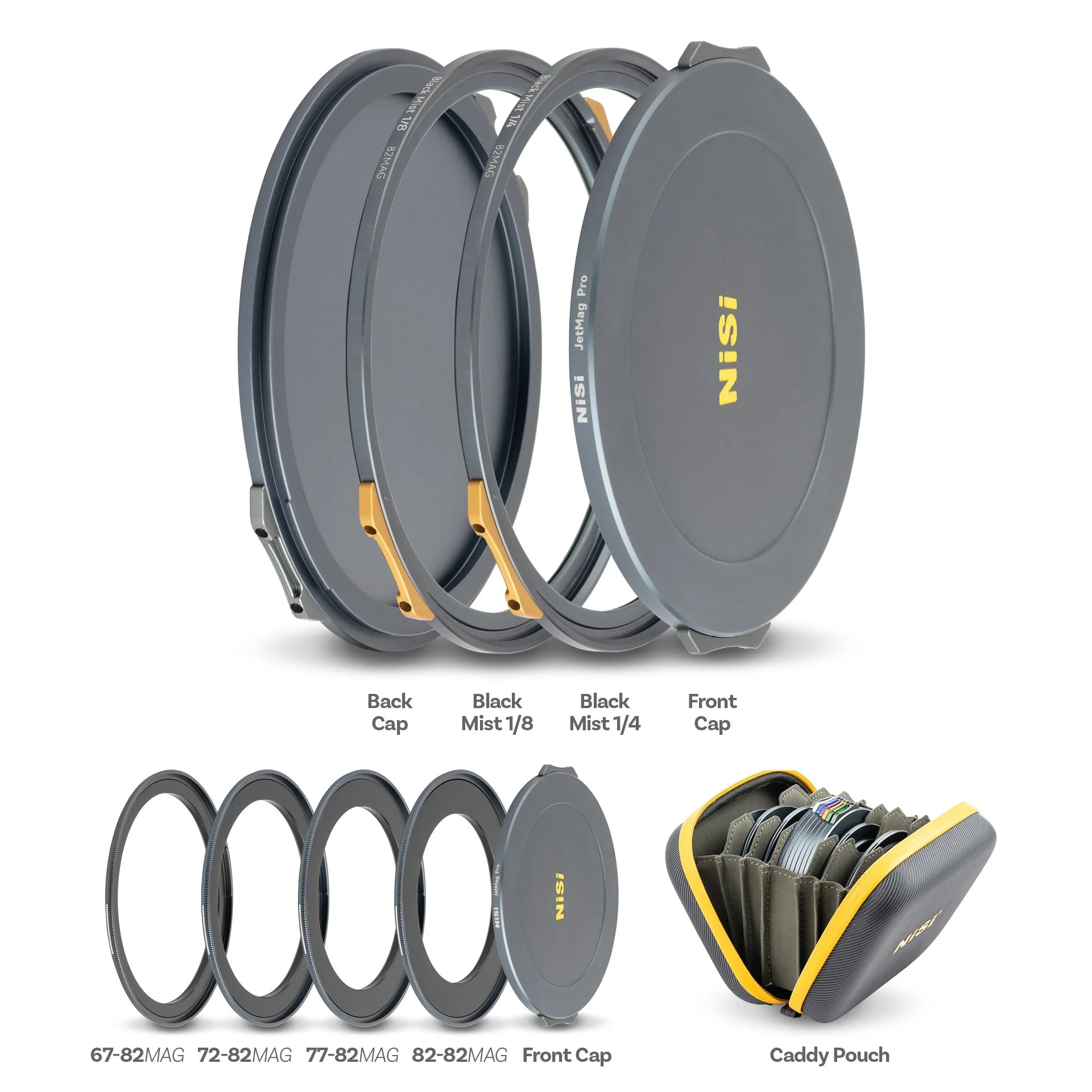 NiSi JetMag Pro Black Mist Kit contents showing Black Mist 1/8 and 1/4 diffusion filters, magnetic adapter rings, front cap, back cap and filter caddy pouch.