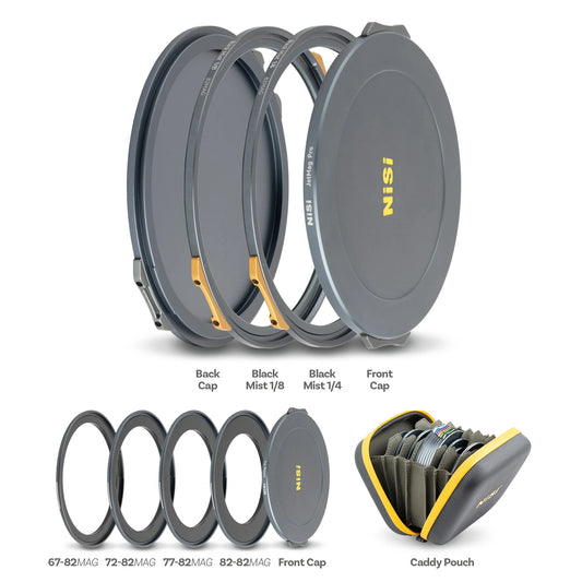 NiSi JetMag Pro Black Mist Kit contents showing Black Mist 1/8 and 1/4 diffusion filters, magnetic adapter rings, front cap, back cap and filter caddy pouch.