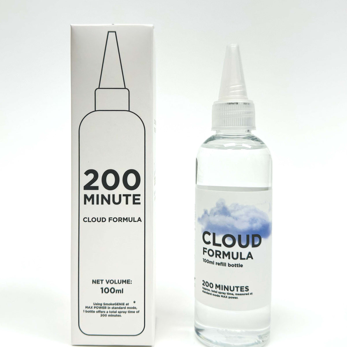 PMI Cloud Formula Refill 100ml bottle beside box showing 200 minute rating