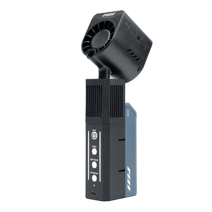 PMI SmokeNINJA Pro Hazer Kit handheld fog machine with fan head raised, front view