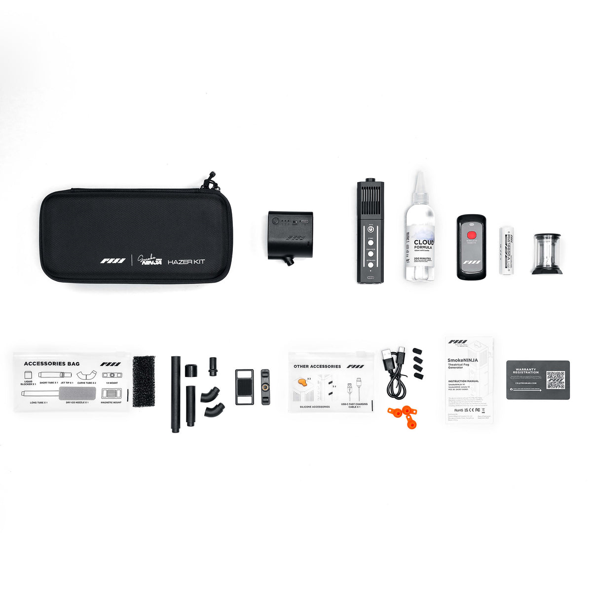 PMI SmokeNINJA Pro Hazer Kit full kit laid out: case, unit, remote, chamber, Cloud Formula, nozzles and accessories