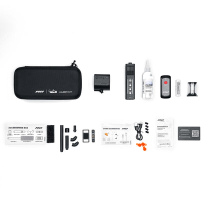 PMI SmokeNINJA Pro Hazer Kit full kit laid out: case, unit, remote, chamber, Cloud Formula, nozzles and accessories