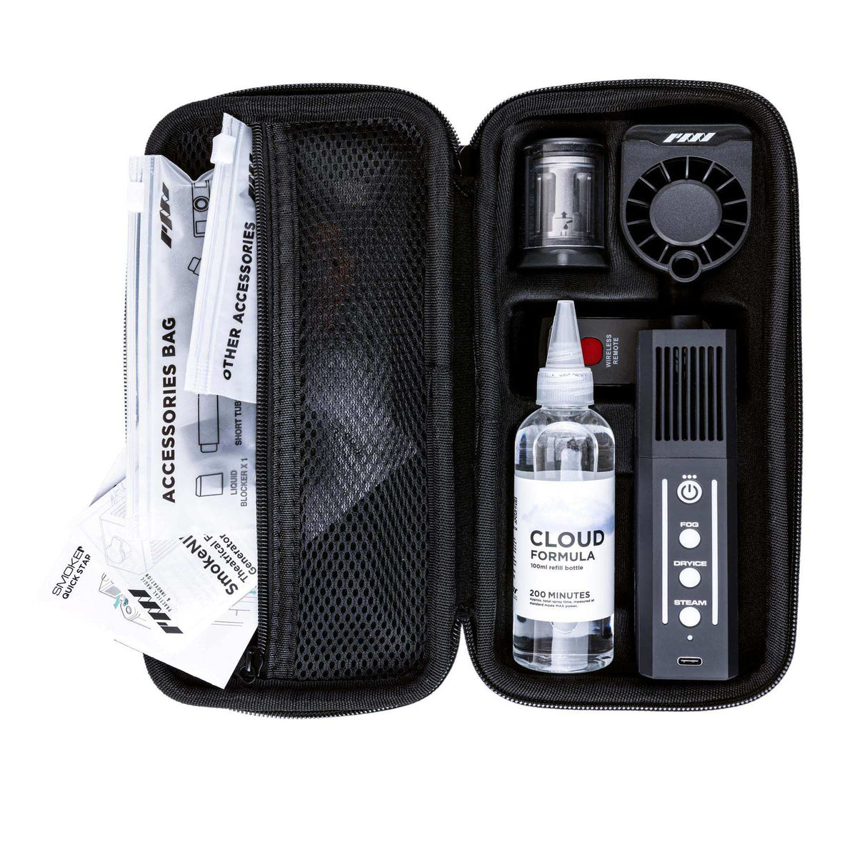 PMI SmokeNINJA Pro Hazer Kit open case from above with accessory bags, unit and Cloud Formula