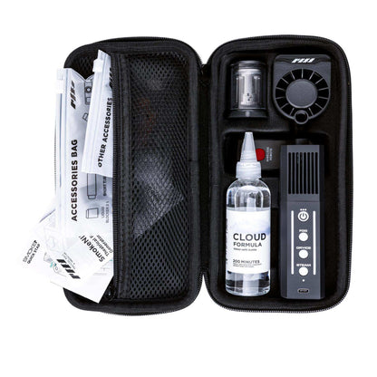 PMI SmokeNINJA Pro Hazer Kit open case from above with accessory bags, unit and Cloud Formula