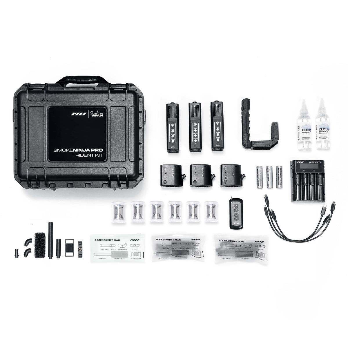 PMI SmokeNINJA Pro Trident Kit full kit laid out: hard case, three units, batteries, charging station and accessories