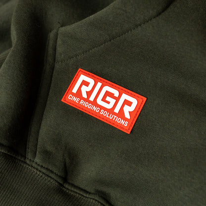 RIGR pocket badge detail on forest green heavyweight hoodie