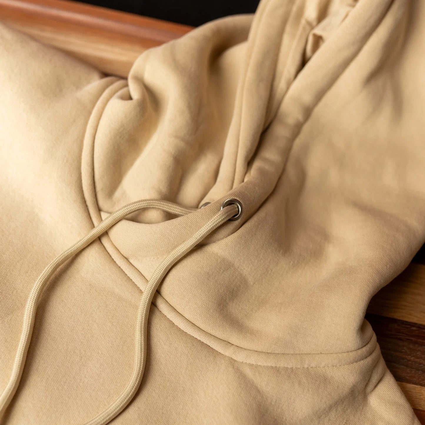 Hood and drawstring detail on sand RIGR Heavyweight Hoodie