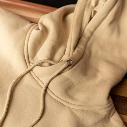 Hood and drawstring detail on sand RIGR Heavyweight Hoodie